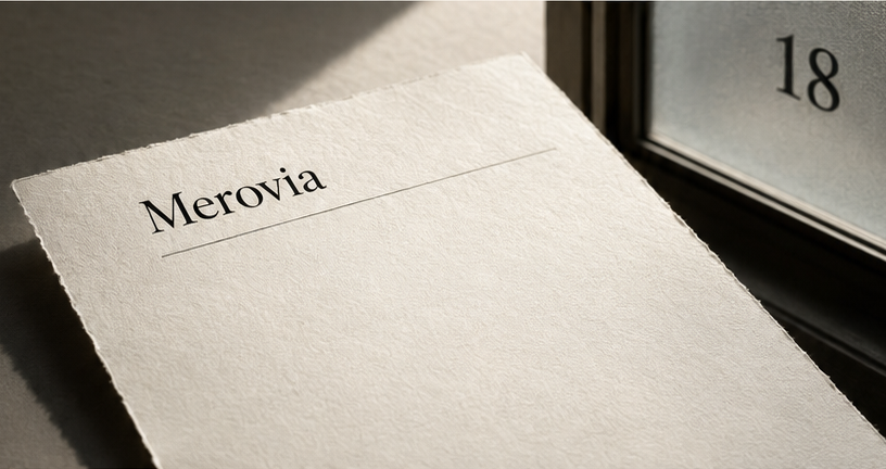 Merovia letterhead resting beside a frosted glass window